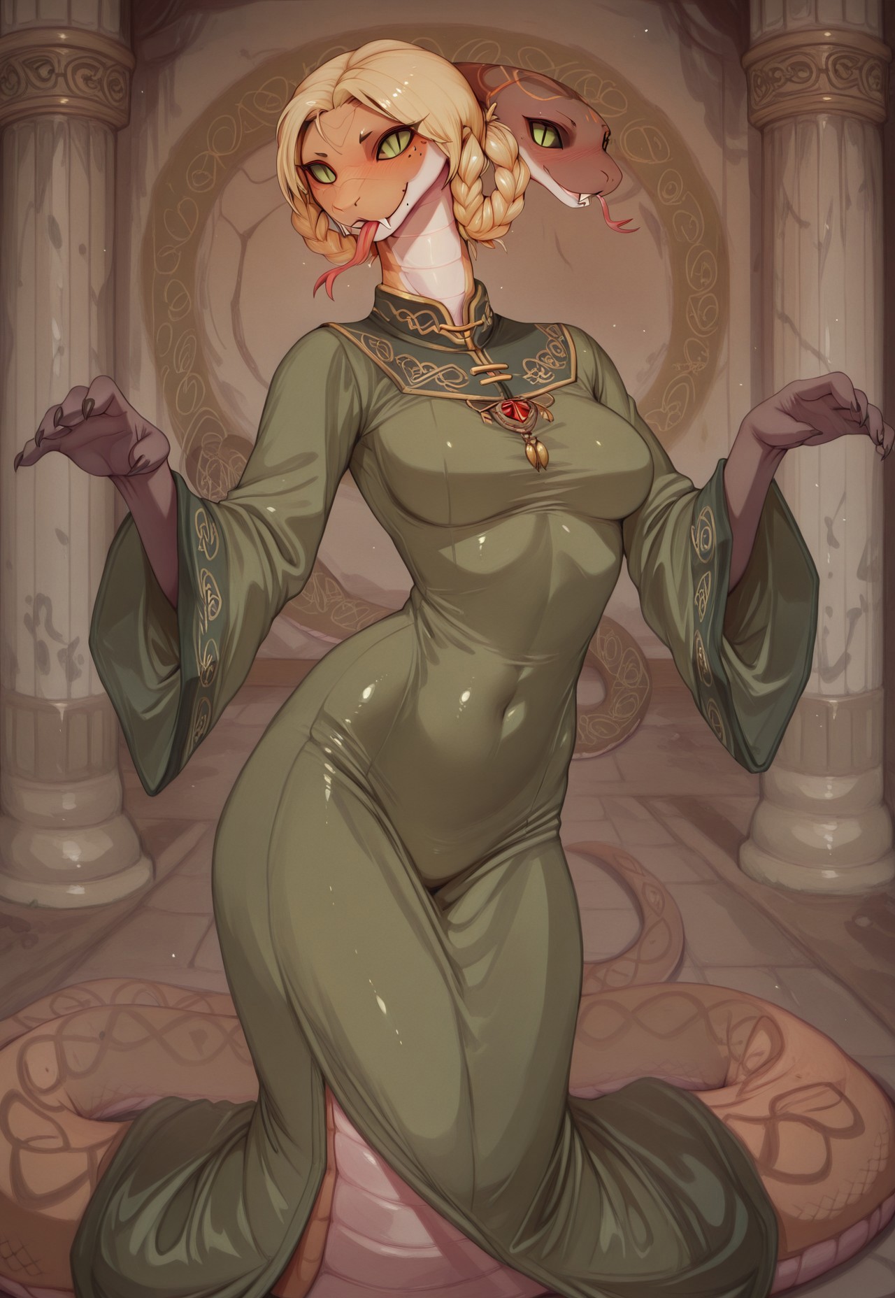 masterpiece,best quality,amazing quality, indoors, pillar
<lora:Anthropomorphic_snakes_Naga:1> anthropomorphic_snakes_(naga), 
ry4, blonde hair, braid, green eyes, braided hair rings, mole under mouth, slit pupils, solo
green dress, wide sleeves
smile, forked tongue, long tongue, tongue out, open mouth
snake pose, fighting stance, standing,
dynamic pose, dutch angle, dynamic angle
<lora:Rya:1>,  <lora:forkedtongue_Illust_v1:1>,  <lora:LoRASnakePoseNoobAIXLvPred:1>,  <lora:Chinoiserie_Illu_Style:1> Chinoiserie, no humans, colored skin, fangs, facial mark, slit pupils, furry, colored sclera, black sclera, snake, scales, furry female, multicolored skin, snake girl, alien, lamia, squama, Snakegirl, Chinoiserie,  <lora:reptiloids_sdxl_v05_495-15-0:0.4> reptiloid, snake head,