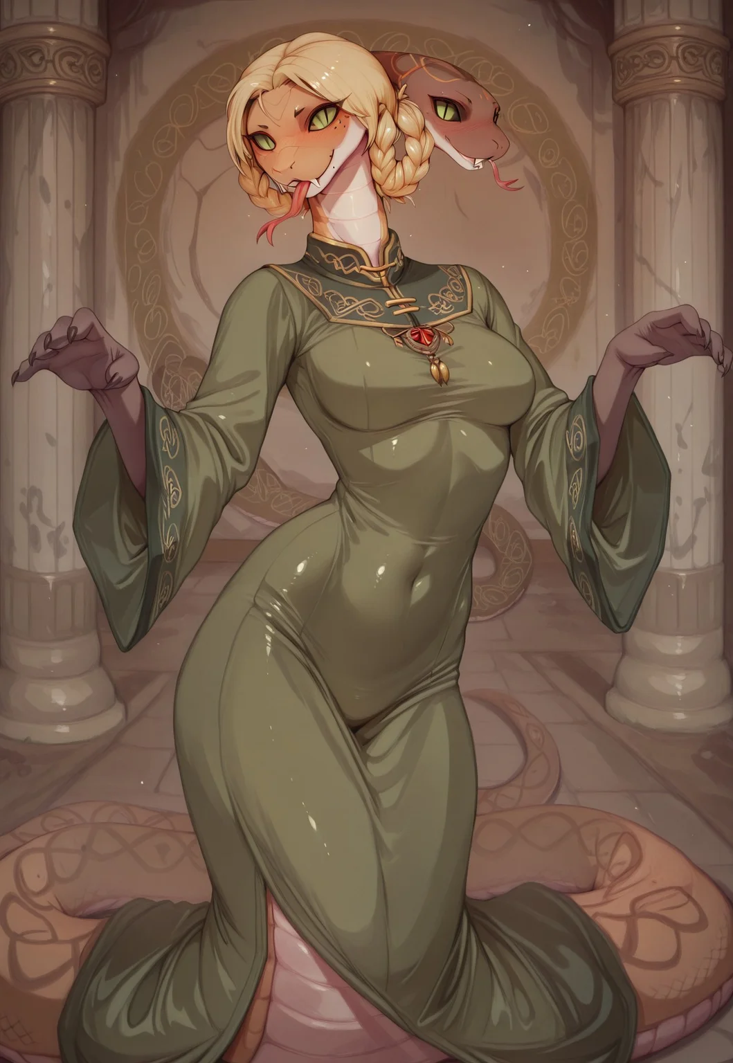 masterpiece,best quality,amazing quality, indoors, pillar
<lora:Anthropomorphic_snakes_Naga:1> anthropomorphic_snakes_(naga),
ry4, blonde hair, braid, green eyes, braided hair rings, mole under mouth, slit pupils, solo
green dress, wide sleeves
smile, forked tongue, long tongue, tongue out, open mouth
snake pose, fighting stance, standing,
dynamic pose, dutch angle, dynamic angle
<lora:Rya:1>, <lora:forkedtongue_Illust_v1:1>, <lora:LoRASnakePoseNoobAIXLvPred:1>, <lora:Chinoiserie_Illu_Style:1> Chinoiserie, no humans, colored skin, fangs, facial mark, slit pupils, furry, colored sclera, black sclera, snake, scales, furry female, multicolored skin, snake girl, alien, lamia, squama, Snakegirl, Chinoiserie, <lora:reptiloids_sdxl_v05_495-15-0:0.4> reptiloid, snake head,