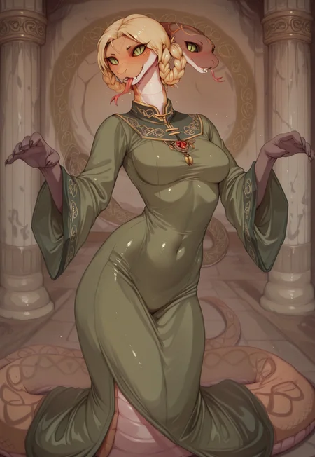 masterpiece,best quality,amazing quality, indoors, pillar
<lora:Anthropomorphic_snakes_Naga:1> anthropomorphic_snakes_(naga),
ry4, blonde hair, braid, green eyes, braided hair rings, mole under mouth, slit pupils, solo
green dress, wide sleeves
smile, forked tongue, long tongue, tongue out, open mouth
snake pose, fighting stance, standing,
dynamic pose, dutch angle, dynamic angle
<lora:Rya:1>, <lora:forkedtongue_Illust_v1:1>, <lora:LoRASnakePoseNoobAIXLvPred:1>, <lora:Chinoiserie_Illu_Style:1> Chinoiserie, no humans, colored skin, fangs, facial mark, slit pupils, furry, colored sclera, black sclera, snake, scales, furry female, multicolored skin, snake girl, alien, lamia, squama, Snakegirl, Chinoiserie, <lora:reptiloids_sdxl_v05_495-15-0:0.4> reptiloid, snake head,
