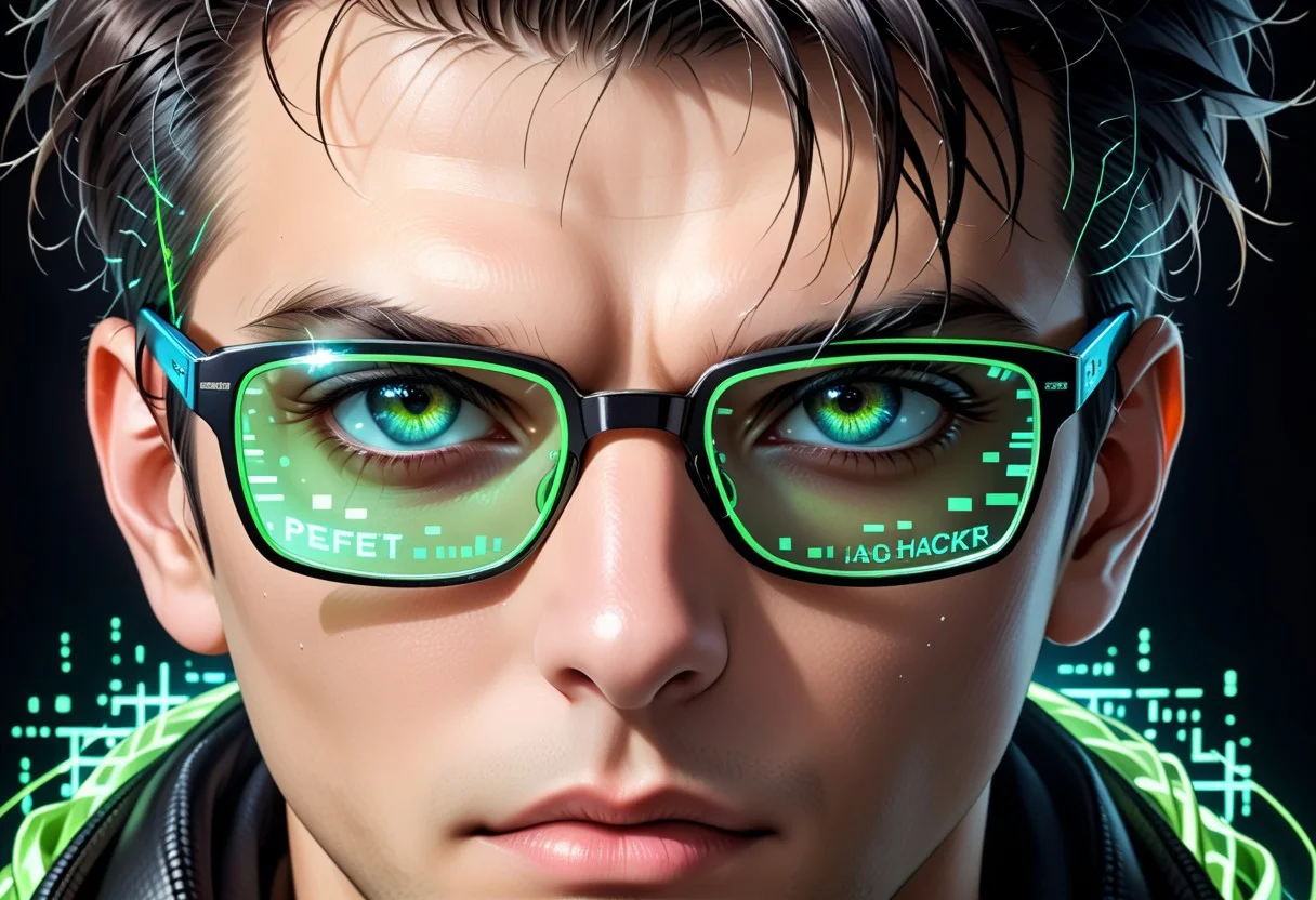 Amazing background,cyber man,extreme close-up of stunning male cyberpunk hacker, straight cut two tone hair, black with neon green glare pop culture glasses looking at invisible computer screen, his glasses reflecting neon blue in mirror, inverted ASCII analog text on black background, perfect composition, realistic photo image, highest quality RAW photo, perfect directional lighting, amazing cover photo, best background