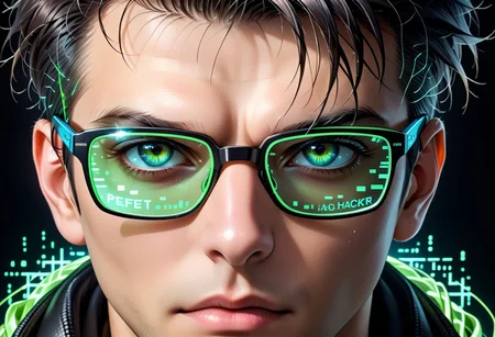Amazing background,cyber man,extreme close-up of stunning male cyberpunk hacker, straight cut two tone hair, black with neon green glare pop culture glasses looking at invisible computer screen, his glasses reflecting neon blue in mirror, inverted ASCII analog text on black background, perfect composition, realistic photo image, highest quality RAW photo, perfect directional lighting, amazing cover photo, best background