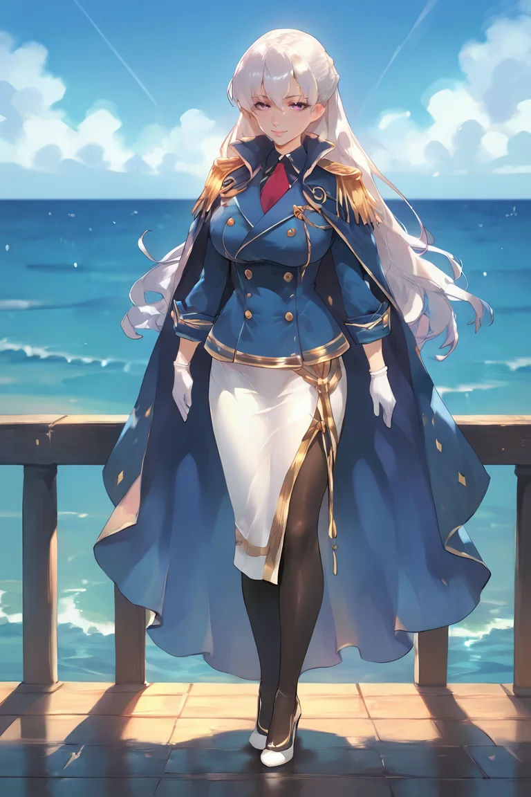 score_9, score_8_up, score_7_up, score_6_up, score_5_up, source anime, BREAK, (cowboy shot), <lora:AureliaLeGuin:0.9> , Aurelia Le Guin, white hair, long hair, braid, purple eyes, gigantic breasts, confident, proud, military uniform, epaulettes, blue coat, cape, black pantyhose, white skirt, white high heels, smile, <lora:hand 4:0.5> , Hand, hands, perfect hands, realistic background, pier, dock, outdoors, daytime, <lora:1r1d3sc3nc3XLP:0.7> , 1r1d3sc3nc3, <lora:Axiah_Style:1>