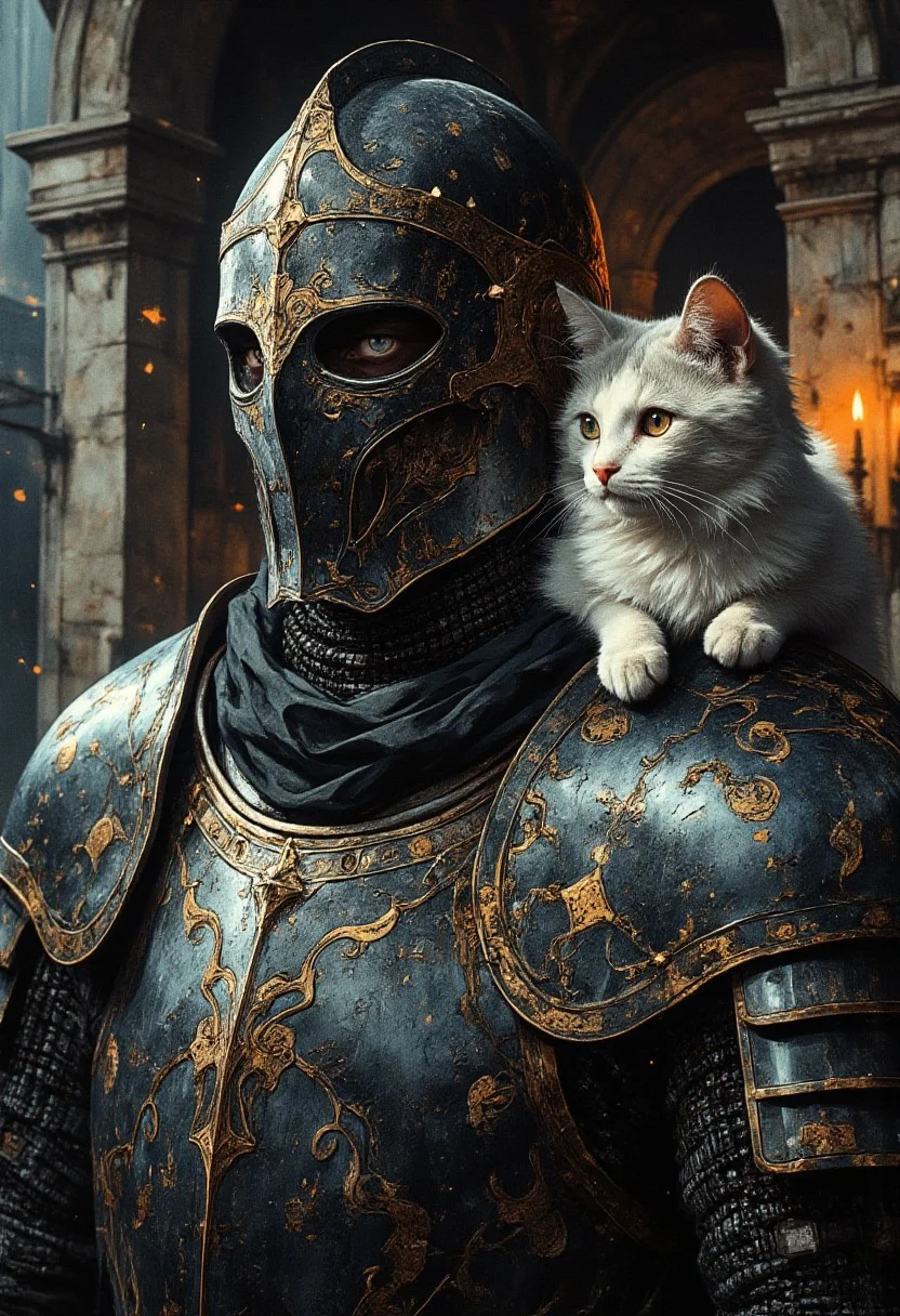 A hyper-realistic midshot portrait of a medieval knight wearing blackened steel armor adorned with gold filigree, exuding an air of mystery. The helmet features a crest of intricate, gothic designs, with the visor slightly raised to reveal piercing blue eyes. Nestled on the knight’s pauldron is a Persian cat with a luxurious, snow-white coat and striking amber eyes, its calm demeanor contrasting with the knight’s stern expression. The background is a dimly lit stone chamber, illuminated by flickering torchlight, creating dramatic contrasts that highlight the textures of the armor and the cat’s silky fur in exquisite 8K resolution.