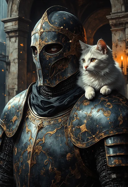 A hyper-realistic midshot portrait of a medieval knight wearing blackened steel armor adorned with gold filigree, exuding an air of mystery. The helmet features a crest of intricate, gothic designs, with the visor slightly raised to reveal piercing blue eyes. Nestled on the knight’s pauldron is a Persian cat with a luxurious, snow-white coat and striking amber eyes, its calm demeanor contrasting with the knight’s stern expression. The background is a dimly lit stone chamber, illuminated by flickering torchlight, creating dramatic contrasts that highlight the textures of the armor and the cat’s silky fur in exquisite 8K resolution.