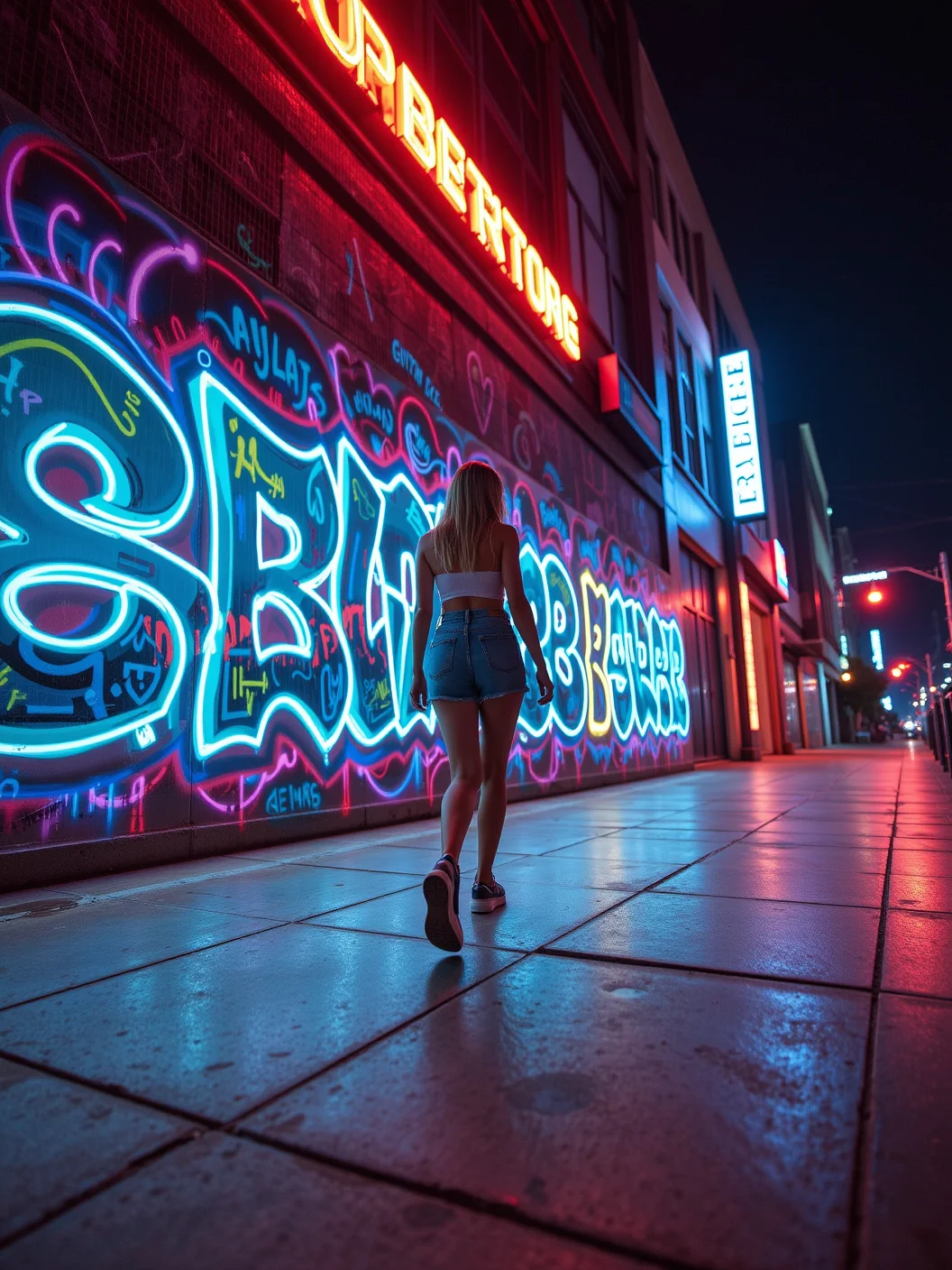 Futuristic low-angle shot, woman walking on a neon-lit sidewalk, graffiti wall behind her glowing with digital street art, shifting colors and holographic tags. The ground beneath her reflects a soft, futuristic glow, her footsteps echoing in the neon-lit city. High-tech yet gritty, blending urban street culture with a futuristic aesthetic, vibrant and electric.