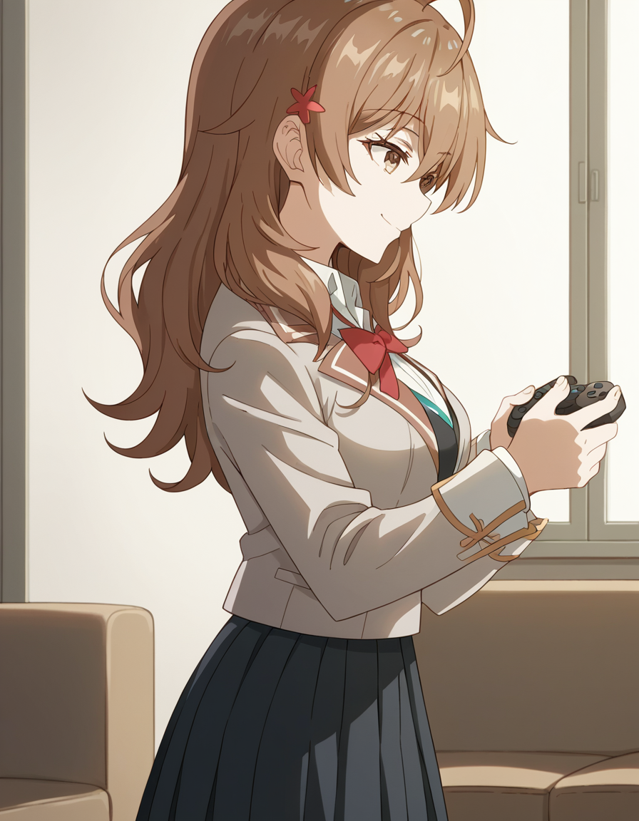 score_9, score_8_up, score_7_up, source_anime, <lora:maria-mikhailovna-kujou-s1-ponyxl-lora-nochekaiser:1>, maria mikhailovna kujou, long hair, bangs, brown hair, hair ornament, hair between eyes, brown eyes, ahoge, large breasts,, skirt, shirt, long sleeves, bow, school uniform, jacket, white shirt, pleated skirt, collared shirt, bowtie, black skirt, red bow, red bowtie, blazer, grey blazer, long sleeves,, living room, video game, controller, competitive, fun, afternoon, smile, , smile, from side, solo,, cowboy shot, dutch angle