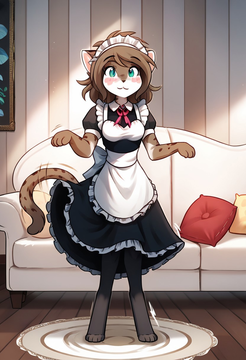 score_9, score_8_up, score_7_up, masterpiece, best quality, good quality, highly detailed, absurdres, intricate details, detailed background, indoors, living room, large couch, 1 girl, solo, anthro, kathrin-twokinds, cat tail, cinnamoroll, black stockings, maid uniform, maid headdress, chibi, feral,   long ears, white ears, blush stickers, curled tail, full body, smiling, happy, motion lines, detailed background, indoors