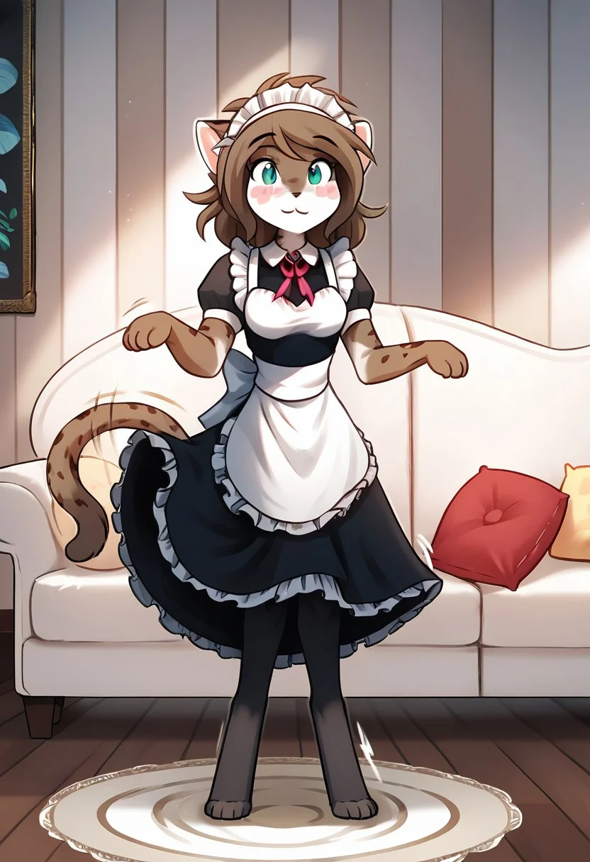 score_9, score_8_up, score_7_up, masterpiece, best quality, good quality, highly detailed, absurdres, intricate details, detailed background, indoors, living room, large couch, 1 girl, solo, anthro, kathrin-twokinds, cat tail, cinnamoroll, black stockings, maid uniform, maid headdress, chibi, feral, long ears, white ears, blush stickers, curled tail, full body, smiling, happy, motion lines, detailed background, indoors