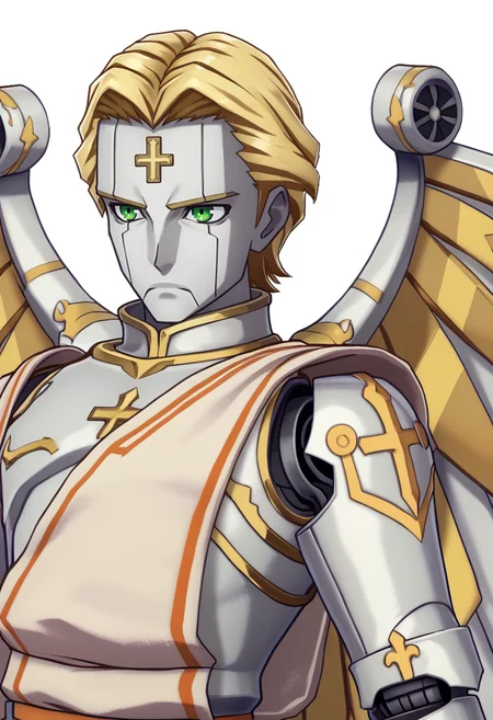 score_9, score_8_up, score_7_up, source_anime, BREAK 1boy, closed mouth, expressionless, <lora:zs_EngagePortraitsXL:1> engageportraits, upper body, white background, <lora:zs_MetatronXL:1> metatronsmt, blonde hair, green eyes, robot, grey skin, mechanical wings, robe, cross