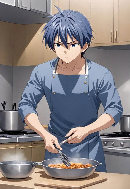 high resolution, solo, best quality, 1Boy, Tomoya Okazaki, Grey Blue Hair, Cooking Dango, OverallDetail