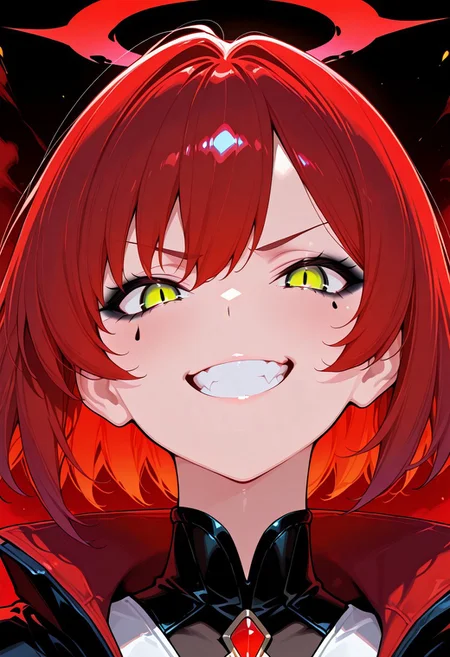 masterpiece, best quality, amazing quality, very aesthetic, high resolution, ultra-detailed, absurdres, newest, puko_d, 1girl, solo, evil grin, black eyeliner, angry, close up, halo, solo