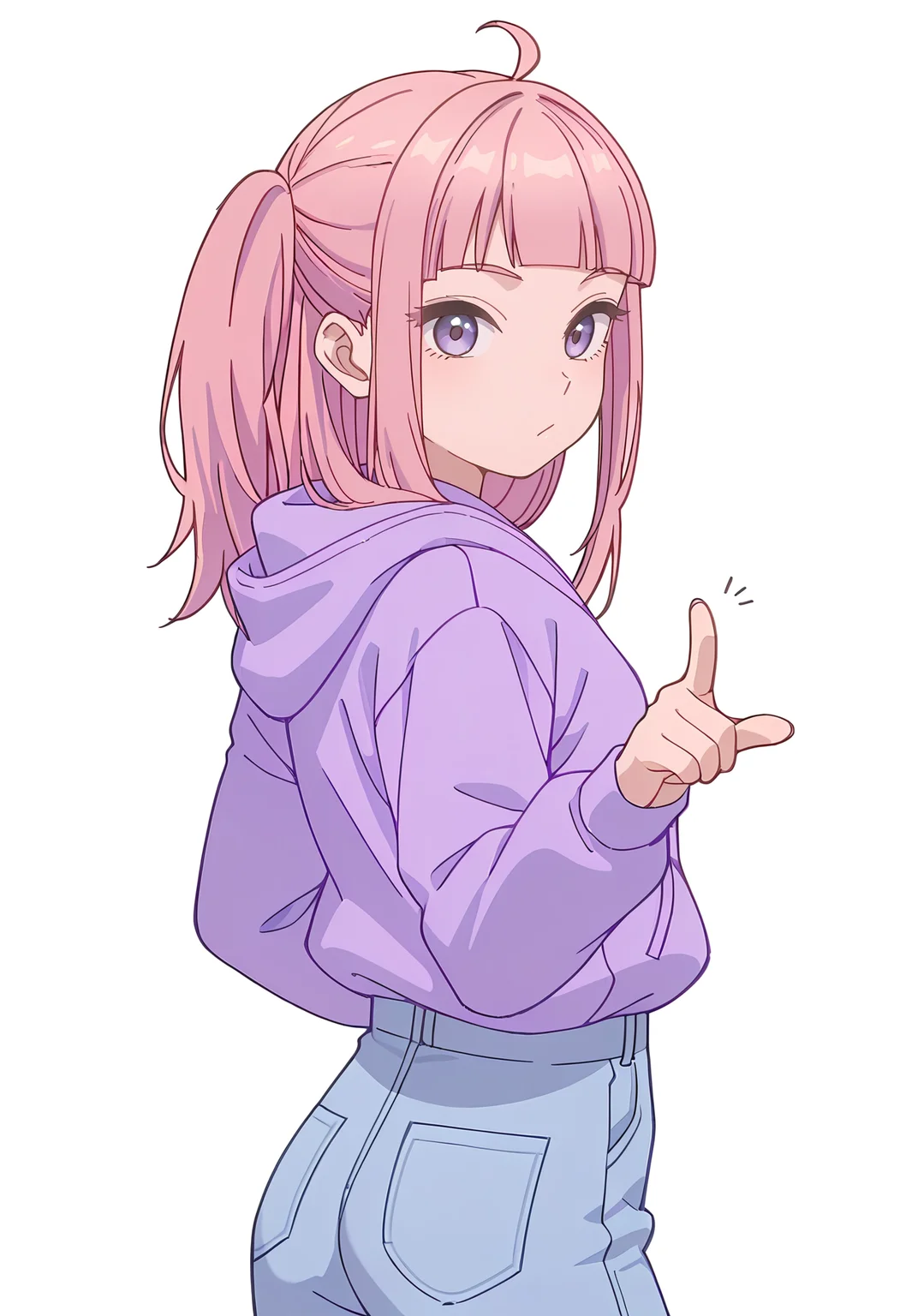 Smooth Quality,masterpiece,beautiful aesthetic, very intricate, high quality details, ultra realistic, high detailed skin,
simple background, white background,
from behind,pointing at viewer,:/,
high-waist pants, ,zip-up hoodie, ,Thimble, <lora:Fuyuki_Momokocnn:0.8> momoko/cnn, pink hair, 1girl, ahoge, purple eyes,petite,