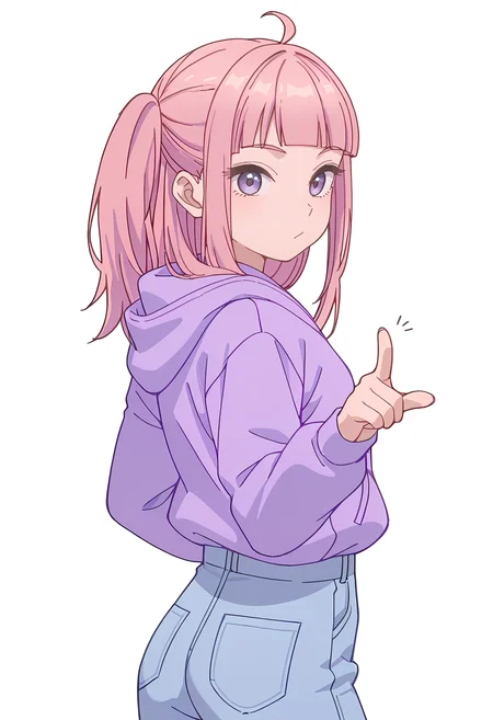 Smooth Quality,masterpiece,beautiful aesthetic, very intricate, high quality details, ultra realistic, high detailed skin,
simple background, white background,
from behind,pointing at viewer,:/,
high-waist pants, ,zip-up hoodie, ,Thimble, <lora:Fuyuki_Momokocnn:0.8> momoko/cnn, pink hair, 1girl, ahoge, purple eyes,petite,
