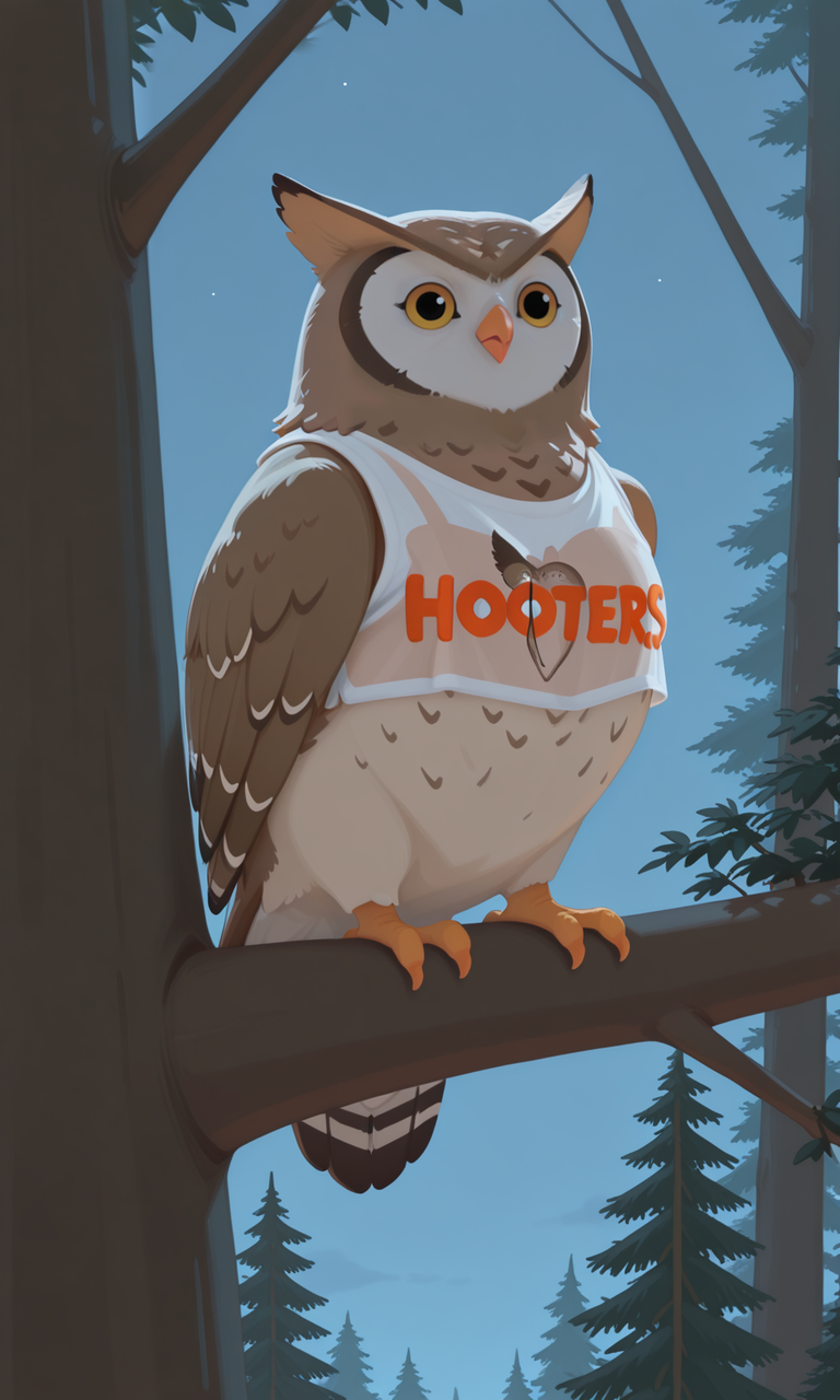 embedding:IllusP0s, g00se, owl, wearing, hooters shirt, no humans, on branch, tree, night<lora:g00se_v2_ill.safetensors:0.9:0.9>