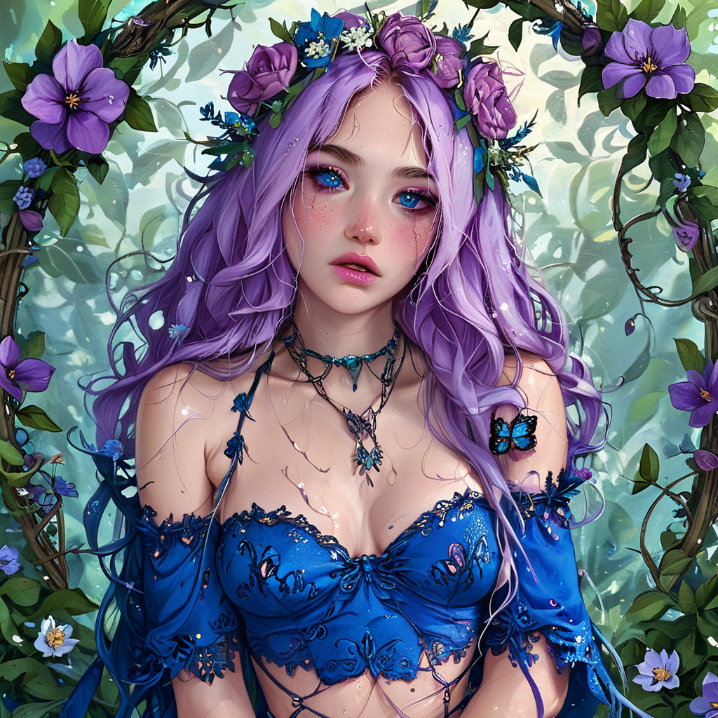 ArsMJStyle, Virgo, The image shows a woman with long blonde hair wearing a blue dress and a necklace surrounded by a wreath of flowers and leaves., 1girl, solo, flower, long hair, breasts, hair ornament, blonde hair, cleavage, hair flower, butterfly, bug, looking at viewer, jewelry, parted lips, blue eyes, freckles, lips, upper body, bare shoulders, purple flower Score_9, score_8_up, score_7_up, score_6_up,   <lora:ArsMJStyleXL:1> ArsMJStyleXL,