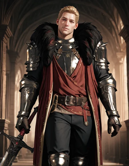 masterpiece, best quality, absurdres, newest, perfect quality, best quality, absolutely eye-catching, detailed background, intricate details, male focus, realistic, solo, <lora:Dragon Age - Cullen Rutherford - Illustrious 2_1-000006:0.7> cullen_rutherford, 1boy, mature male, brown eyes, fur-trimmed cloak, pauldrons, breastplate, shirt, gauntlets, gloves, belt, black pants, boots, head tilt, looking at viewer, holding sword
