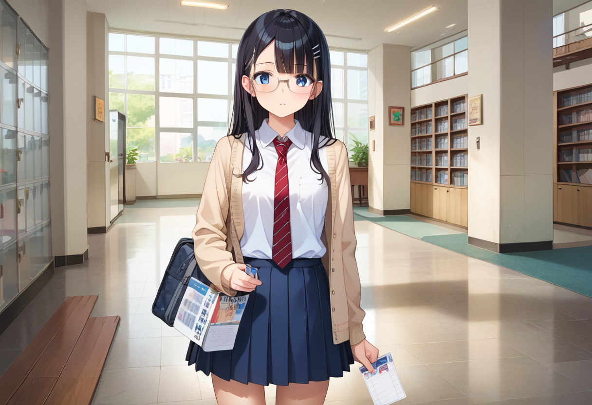 score_9, score_8_up, score_7_up, rating_safe, masterpiece, best quality, absurdres, unity 8k wallpaper, official art, official style, source_anime, uncensored, game cg, megami magazine,
1girl, solo, glasses, black hair, long hair, blue eyes, collared shirt, red necktie, pleated skirt, blue skirt, looking at viewer, blush, 
getabako, scenery, window, calendar (object), indoors, school, door, hallway
 <lora:gakkou_getabako_PONY_V1:1>