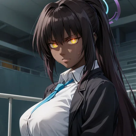 source_anime, colorful, score_9, score_7_up, 1girl, , C0NTR4CT0R, (1girl), rating_explicit, (Karin_(Blue Archive)), (dark-skinned_female:1.2), 1girl, (yellow eyes), shiny skin, sweat, urushihara_satoshi, (red_pupils), glowing, glowing eyes, blue aura, fully clothed maidm