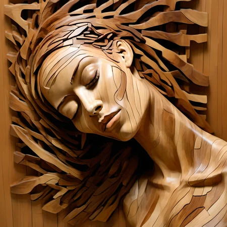 woodenart, a wooden sculpture of a woman with her eyes closed <lora:woodenart:1>