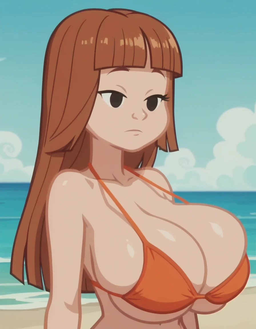 TatiTDM, 1girl, solo, orangeish-brown hair, upper body, blunt bangs, black eyes, huge breast. Bikini, screencap,