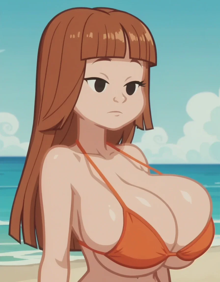 TatiTDM, 1girl, solo, orangeish-brown hair, upper body, blunt bangs, black eyes, huge breast. Bikini, screencap,