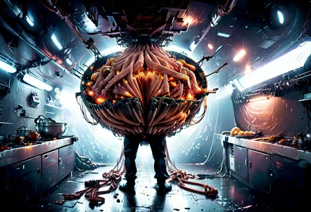 spaghetti made dark ship, in the space called kitchen, misterious universe, ship with legs and arms, wide angle interior background, wearing a tie