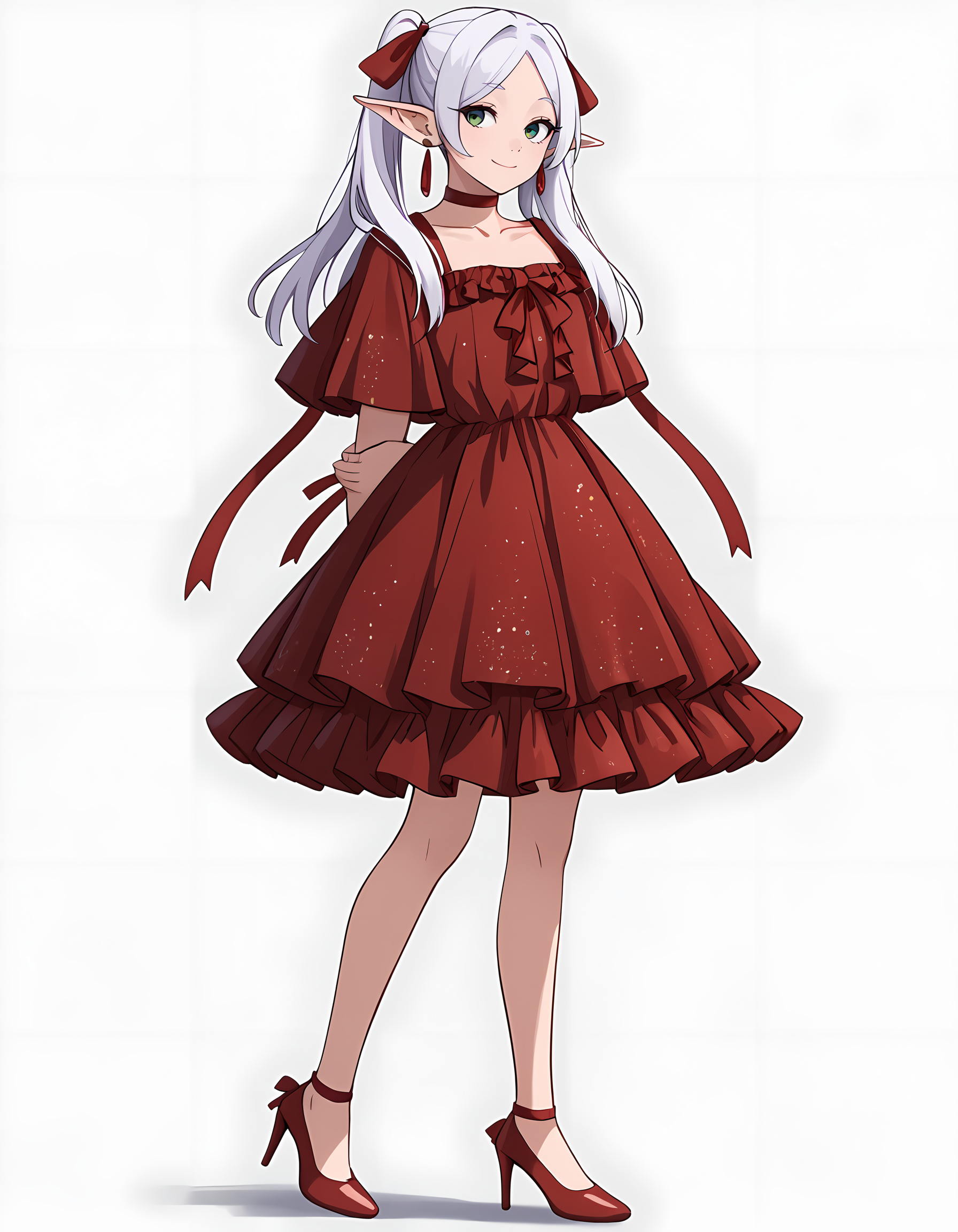 <lora:Frieren:1>,fr1eren, 1girl, solo, red dress, red footwear, full body, high heels, long hair, jewelry, arms behind back, red ribbon, simple background, red choker, dangle earrings, looking at viewer, standing, white background, hair ribbon, alternate costume, closed mouth, frilled dress, frills, smile, from side, looking to the side, grey background, layered dress, collarbone, short sleeves, pumps