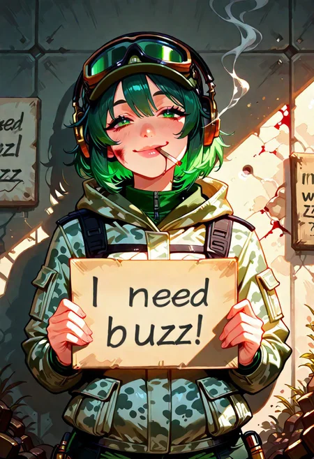 (score_9, score_8, score_7), masterwork, masterpiece, best quality, ElaSDXL, Expressiveh, IncrsXLBrknGls, holding a cardboard sign that says "I Need BUZZ!", handwritten in clear black marker, sign clearly visible,1girl, solo, short hair, green hair, beautiful expressive eyes, jacket, military uniform, camouflage jacket,  goggles on headwear, headphones, thigh holster, lips, detailed face, high quality, subtle smile, tired expression, dirt and blood stains on face, cigarette in mouth, cigarette is lit, glowing tip, smoke rising, post-battle mood, cinematic lighting, upper body, open eyes, damaged wall in background, bullet holes on the wall, torn clothing, damaged camouflage jacket, blood stains and soot on uniform, battle damage on clothes, dusty and burned texture on jacket, buzz, upper body, need_buzz, holding sign