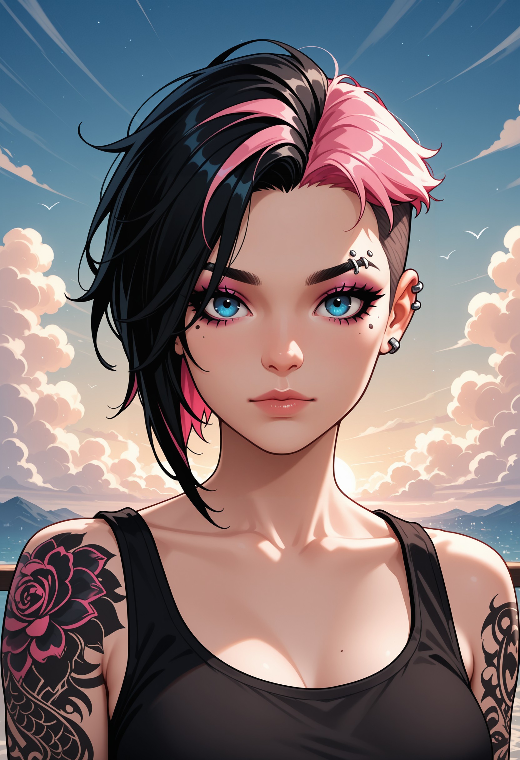 masterpiece, best quality, UltraComix, 1girl, solo, earrings, jewelry, piercing, blue eyes, undercut, tank top, ear piercing, looking at viewer, tattoo, multicolored hair, black hair, short hair, mole, makeup, lips, upper body, two-tone hair, mole under eye, asymmetrical hair, eyeshadow, pink hair, breasts, mascara, nose, collarbone, cloud, arm tattoo, eyebrow piercing, comic art style, illustration, digital art, <lora:f7e7a2ff-27b1-4959-9674-be36ae3c1c2f:0.7>