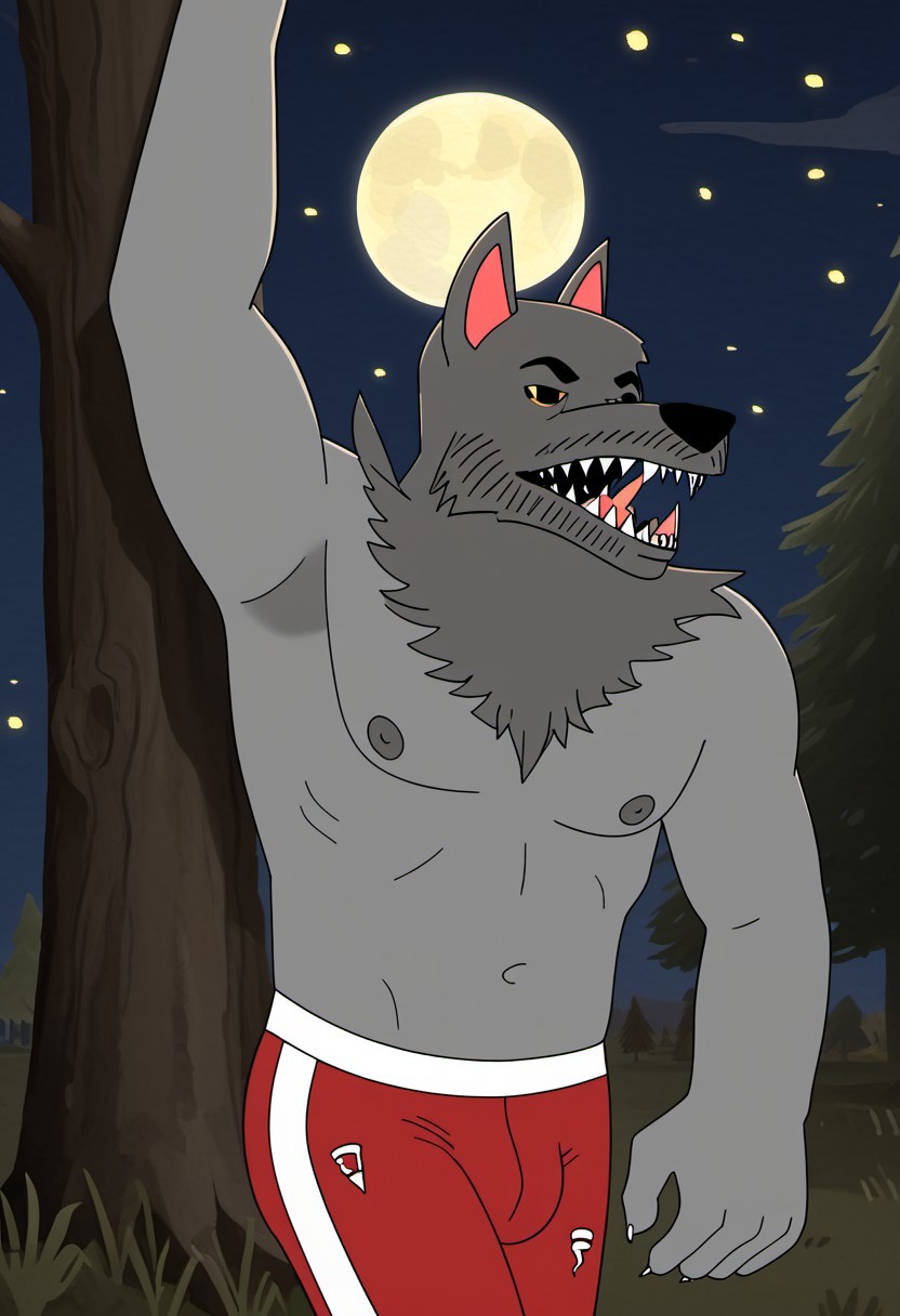 score_9, score_8_up, score_7_up, masterpiece, high quality, detailed, flat colors, solo, male, werewahlfberg, anthro, athletic, grey fur, dark grey top fur, nipples, pointed ears, black nose, yellow sclera, black eyes, eyebrows, sharp teeth, red jogging pants, quarter body shot, side view, looking at viewer, happy, seductive, naughty, raised eyebrow, half-lidded eyes, open mouth, tongue out, leaning behind a tree, one arm behind head, one hand on bulge, playing bulge, outdoors, night, full moon, stars, grassy plains, woods.