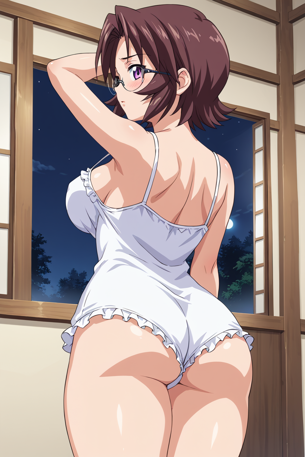 score_9, score_8_up, score_7_up, BREAK source_anime, masterpiece, anime screencap, shiny skin, thick outline, thick thighs, 
1girl, solo, goei, purple eyes, brown hair, short hair, large breasts, glasses, <lora:goei_pony-000020:0.8>
camisole, room, night, window, back shot, standing, looking at view, blush,