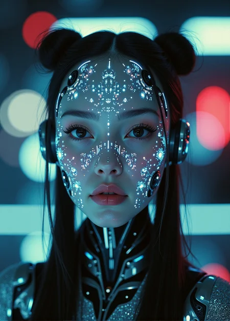 <lora:ck-Neurocore-Realistic-Cyborgs:1.0> in the style of ck-ncr, image depicts a woman as an android cyborg with ceramic glowing bio ink face parts, full transparent glass head with intricate mechanical parts, long, dark hair styled in two high pigtails, Sci-fi movie
(style by George Shaw),shallow depth of field, vignette, (Fujicolor Superia X-TRA 400)
<lora:BioInk2FLUX:0.34>