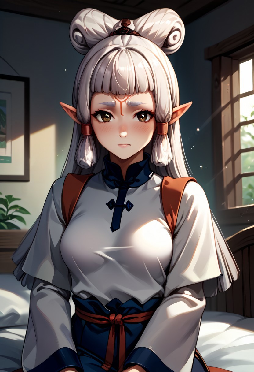 score_9, score_8_up, score_7_up, score_6_up, score_5_up, score_4_up, source_anime, , (best quality) , (highly detailed) , (best quality) , (highly detailed) ,((masterpiece)), ((best quality)), (ultra-detailed), ((extremely detailed)), (high resolution), 4K, (8K), best quality, (beautiful), (dynamic lighting), (super detailed skin), sharp focus, (1_girl, solo focus), masterpiece ,absurdres ,detailed face ,beautiful face , bowpaya, paya, elf ears, pointy ears, White hair,  pointy ears, brown eyes, forehead mark
 light rays, (light particles), 
chinese clothes, turtleneck, long sleeves, wide sleeves,, indoors, sitting, bed, bed room, blush, drunk, looking at viewer, solo, cowboy shot, dutch angle
 (portrait, upper body), OverallDetail,