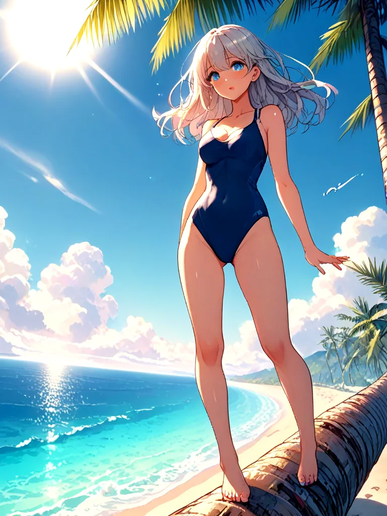 score_9, score_8_up, score_7_up, 1girl in palm tree, floating hair, one-piece swimsuit, sweat, shy, blush, open mouth, bare legs, ocean, beach, sky, wind, cloud, cleavage, <lora:girllikepalmtree_pony:1>