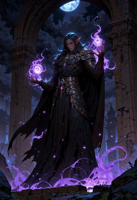Niji Stan Katayama Style, mythp0rt, dark scene, night scene,
A handsome, young, slender man stands in the middle of old ruined castle. He is casting spells, stands in dynamic pose. He is slim, pale and clad in long black robes of a mage. He has gentle features, clean shaven, soft lips curled in a smirk. He has beautiful face, elven face. His eyes are violet, glowing eyes. He has long, ((pointy ears)), elven ears. He has long black hair. His hands are clad in black leather gloves, surrounded by mystical energies, violet hue. His robe is black and elegant, adorned with silver and violet gems.
BREAK, The background is old ruined castle, walls made of dark stone, crumbled and cracked. Dark stormy night, dark clouds and silver moon in the background.