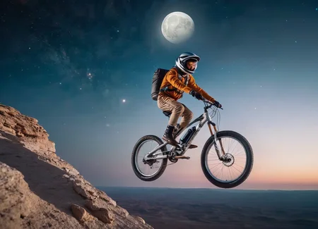 cinematic photo a boy is riding a futuristic bicycle, LowGravity, jumping from a cliff, astrounaut clothes, Moon landscape, on background, starts, galaxies, space environment, cinematic, epic, dramatic light, atmosphere, vivid colors, intricate, elegant, highly detailed, complex, professional, theatrical, very fine, sharp focus, fair, directed, extremely artistic, confident
<lora:LowGravity-000016:.7>, , <lora:FILM_PHOTOGRAPHY_STYLE:0.25> . 35mm photograph, film, bokeh, professional, 4k, highly detailed