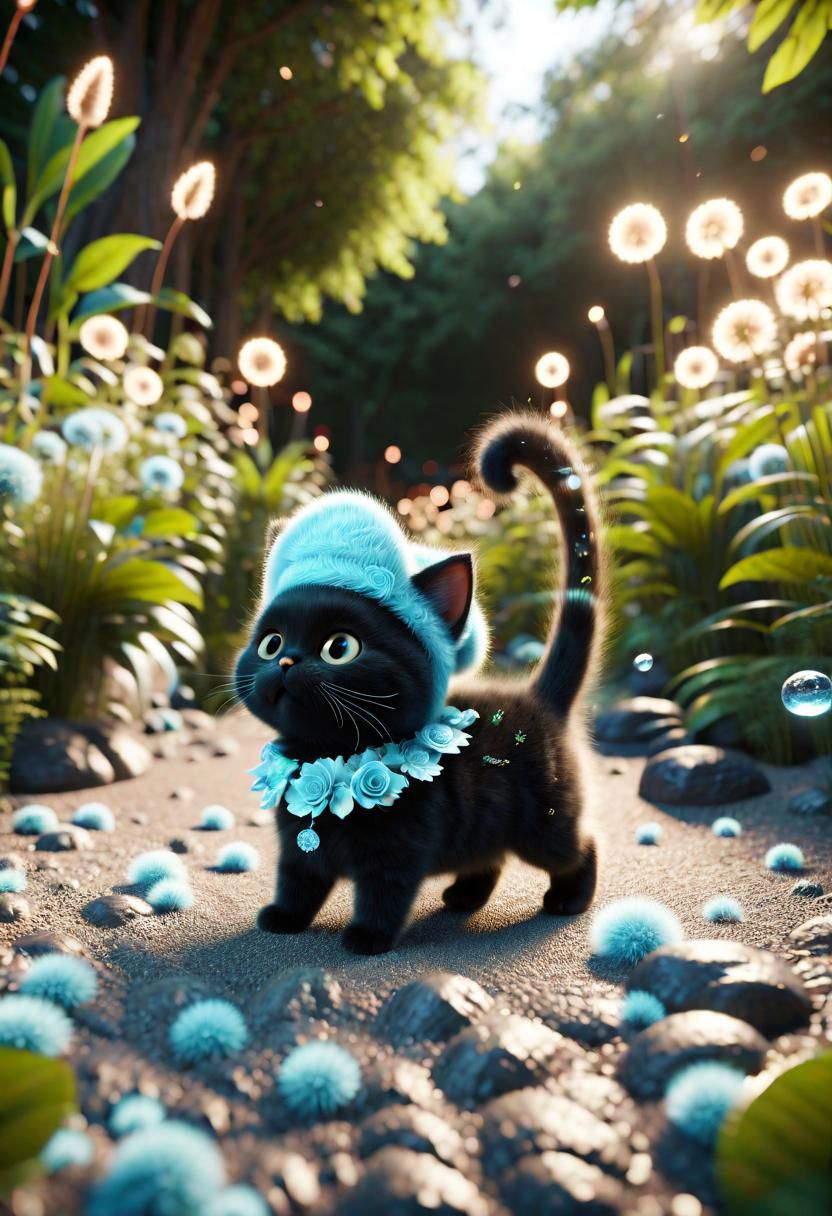 ral-fluff,<lora:ral-fluff:1>,
chibi,masterpiece,best quality,original,official art,black metallic cat,hat,flower,blurred background,rendering,beautiful detailed glow,(detailed ice),beautiful detailed water,sunny, blurred flower, happy