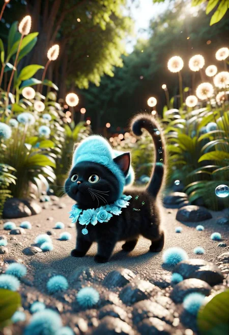 ral-fluff,<lora:ral-fluff:1>,
chibi,masterpiece,best quality,original,official art,black metallic cat,hat,flower,blurred background,rendering,beautiful detailed glow,(detailed ice),beautiful detailed water,sunny, blurred flower, happy