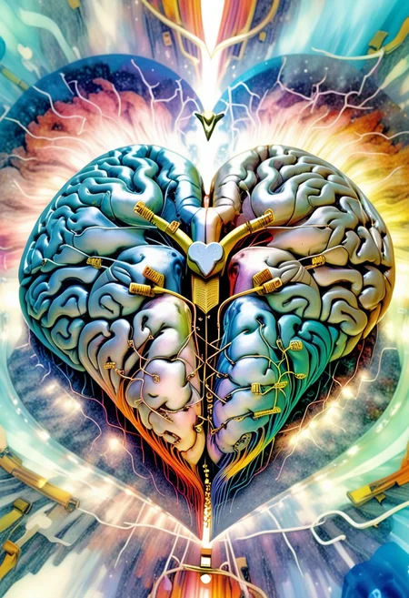 <lora:psychedelic_dream_sdxl_v1:1.0>, psychedelic_dream, Using this elegant style, maintaining the same refined quality and soft color tones, morph images into a new solo image using, a computer circuit with a brain in the middle of it and a colorful light coming out from the top of the brain, and, a heart in the shape of a heart with a bolt in it ' s center of the heart is shown in the middle of the image