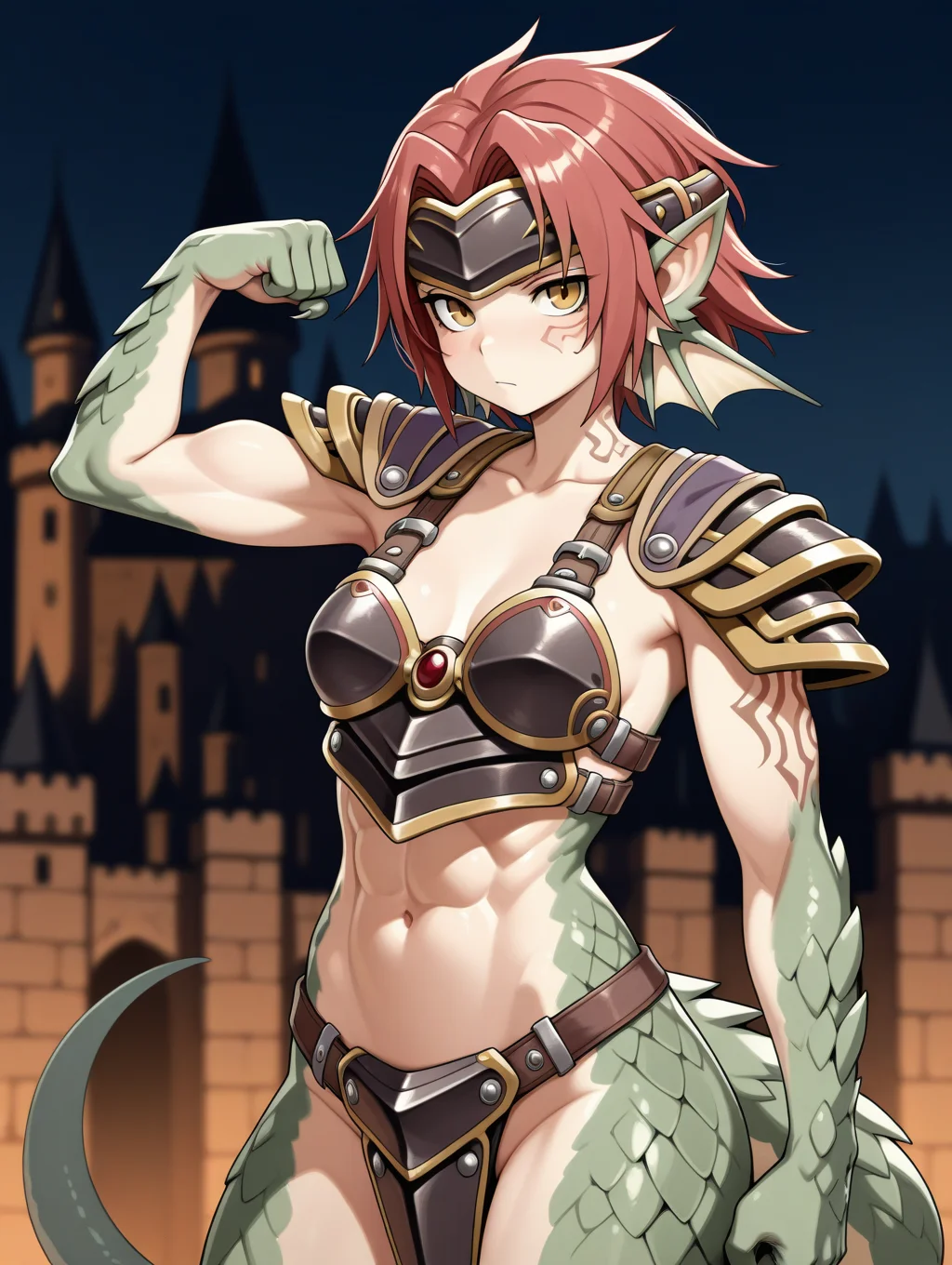 1girl, Granberia, (red hair), short hair, dragon girl, yellow eyes, (lizard tail), small breasts,monster girl, slit pupils, tattoo, claws, (scales), head fins, pointy ears, simple background, castle, abs, armor, shoulder armor, pauldrons, headband, cowboy shot, flexing,
masterpiece, best quality,amazing quality, very aesthetic, absurdres, depth of field, blurry background, dark, extremely detailed face, detailed eyes, dark colors, dynamic pose