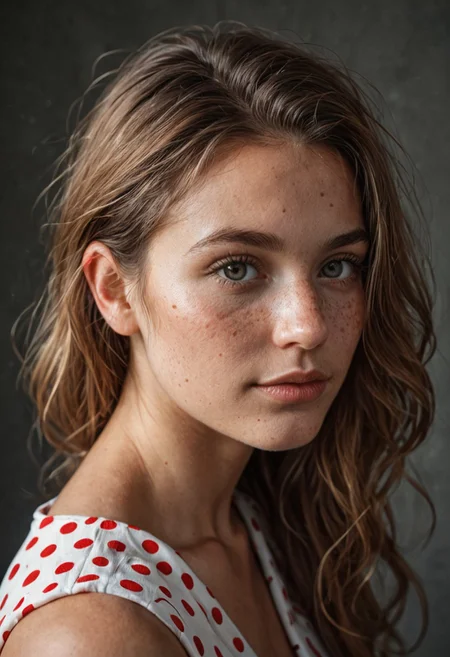score_9, score_8_up, score_7_up, masterpiece, high quality, realistic, raw lighting, detailed face, detailed eyes, (warm colors, bokeh, Natural skin), [[Freckles]] BREAK  young adult woman, beautiful face, (polka dot dress), (close up) [high angle], (from side:1.1)
(looking at viewer).
((raw lighting, overexposed, harsh flash, strong shadows, hard shadows, dim background)))