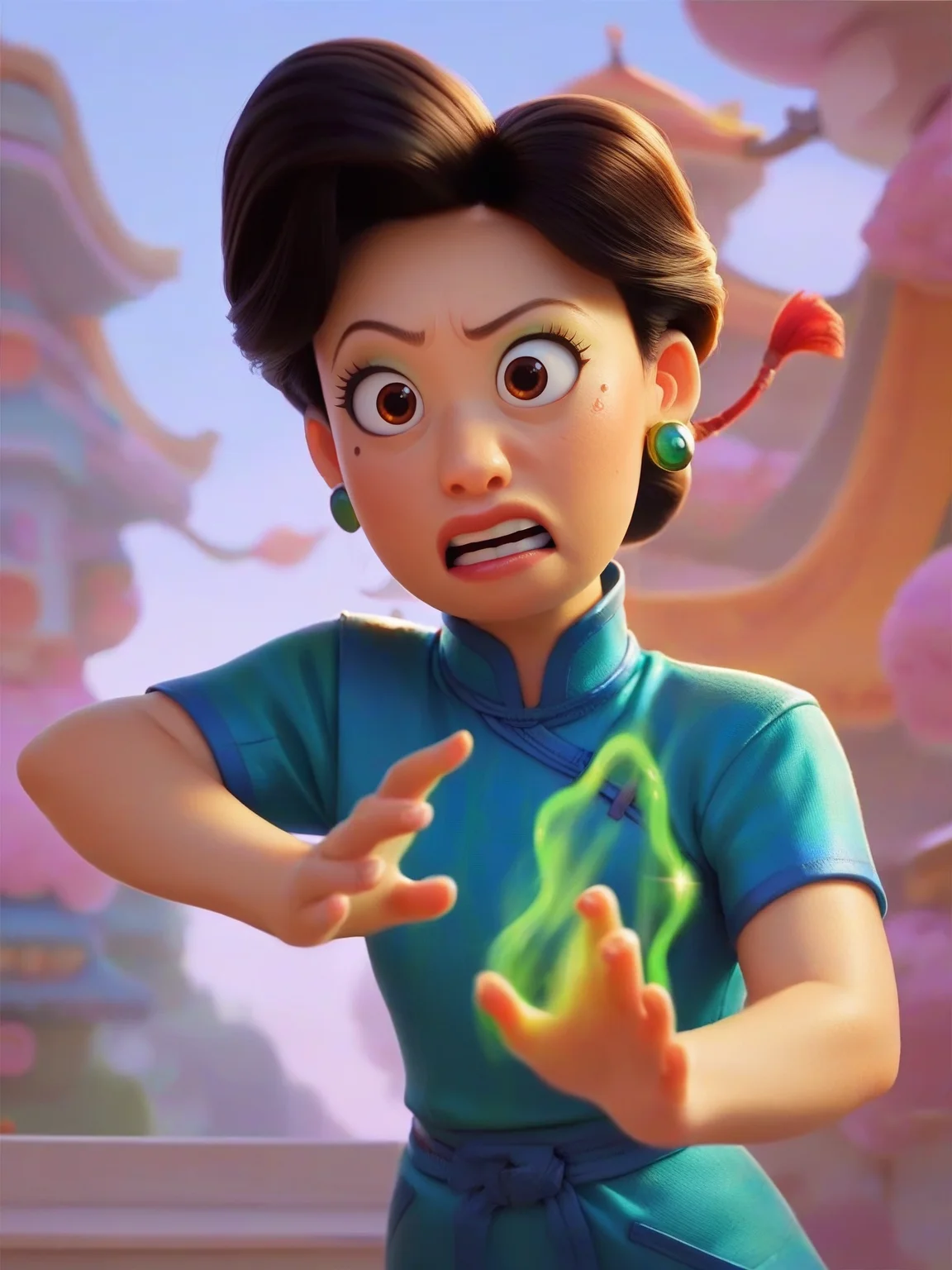 <lora:Ming Lee:0.6> m_l, 1girl, asian, bun black hair, wrinkles, brown eyes, mole under the eye, mage, magic, epic pose, score_9, score_8_up, score_7_up,