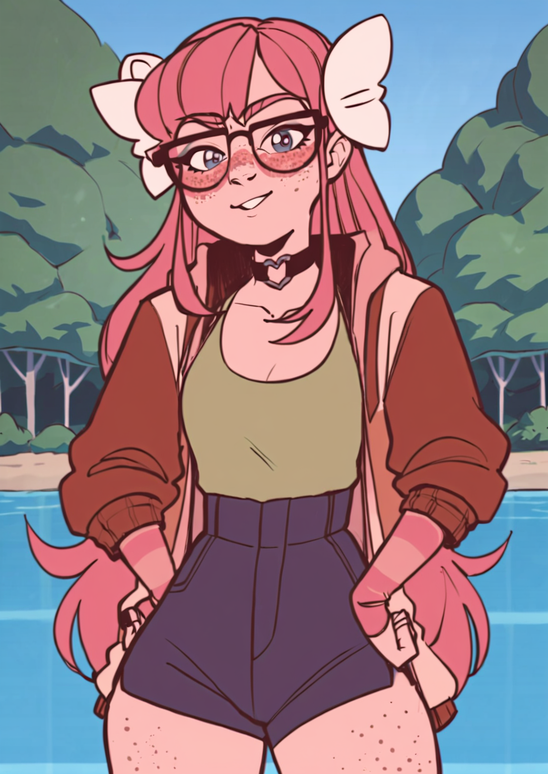 score_8_up, score_7_up, score_6_up, score_5_up, score_4_up, anime screenshot
<lora:GinjaNinjaOwO (Autism SDXL)-000009:0.8> 1girl, solo, long hair, hair ornaments, freckles, glasses, jacket, shirt, high-waist shorts, choker, standing, upper body, looking at viewer
forest, misty lake, arm at side,