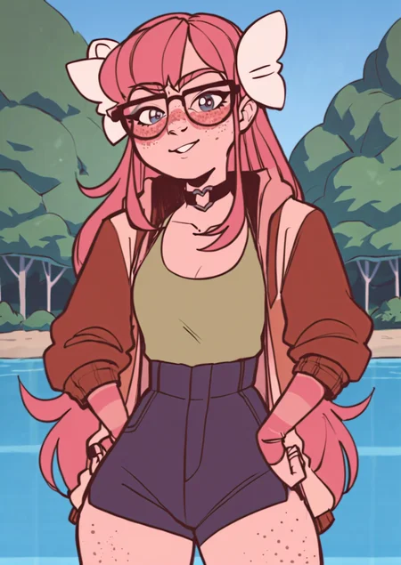 score_8_up, score_7_up, score_6_up, score_5_up, score_4_up, anime screenshot
<lora:GinjaNinjaOwO (Autism SDXL)-000009:0.8> 1girl, solo, long hair, hair ornaments, freckles, glasses, jacket, shirt, high-waist shorts, choker, standing, upper body, looking at viewer
forest, misty lake, arm at side,