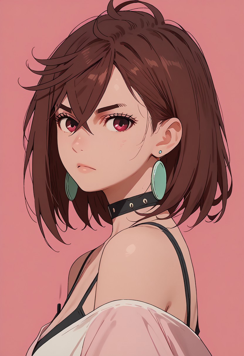 score_9, score_8_up, score_7_up,  source_anime,
c0l0r1f1c4t10ncy4n,ColorificationCyan,Colorification Cyan, 1girl, Ayamommb, brown hair, hair between eyes, jewelry, earrings, choker,  simple background, bare shoulder, jewelry, medium breasts, upper body,collar, from side, looking at viewer, pink background