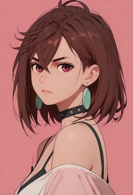 score_9, score_8_up, score_7_up, source_anime,
c0l0r1f1c4t10ncy4n,ColorificationCyan,Colorification Cyan, 1girl, Ayamommb, brown hair, hair between eyes, jewelry, earrings, choker, simple background, bare shoulder, jewelry, medium breasts, upper body,collar, from side, looking at viewer, pink background