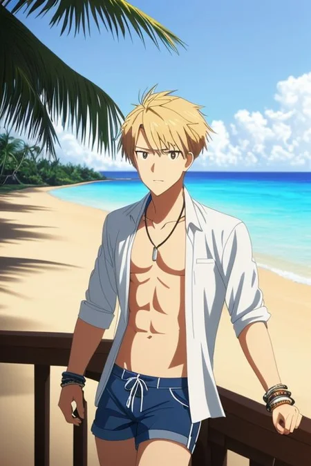 high resolution, solo, best quality, 1Boy, Yamato Ishida, Portrait, Blond Hair, Necklace, shallow depth of field, beach, open shirt, shorts, sixpack, necklace, bracelet, coconut tree, OverallDetail