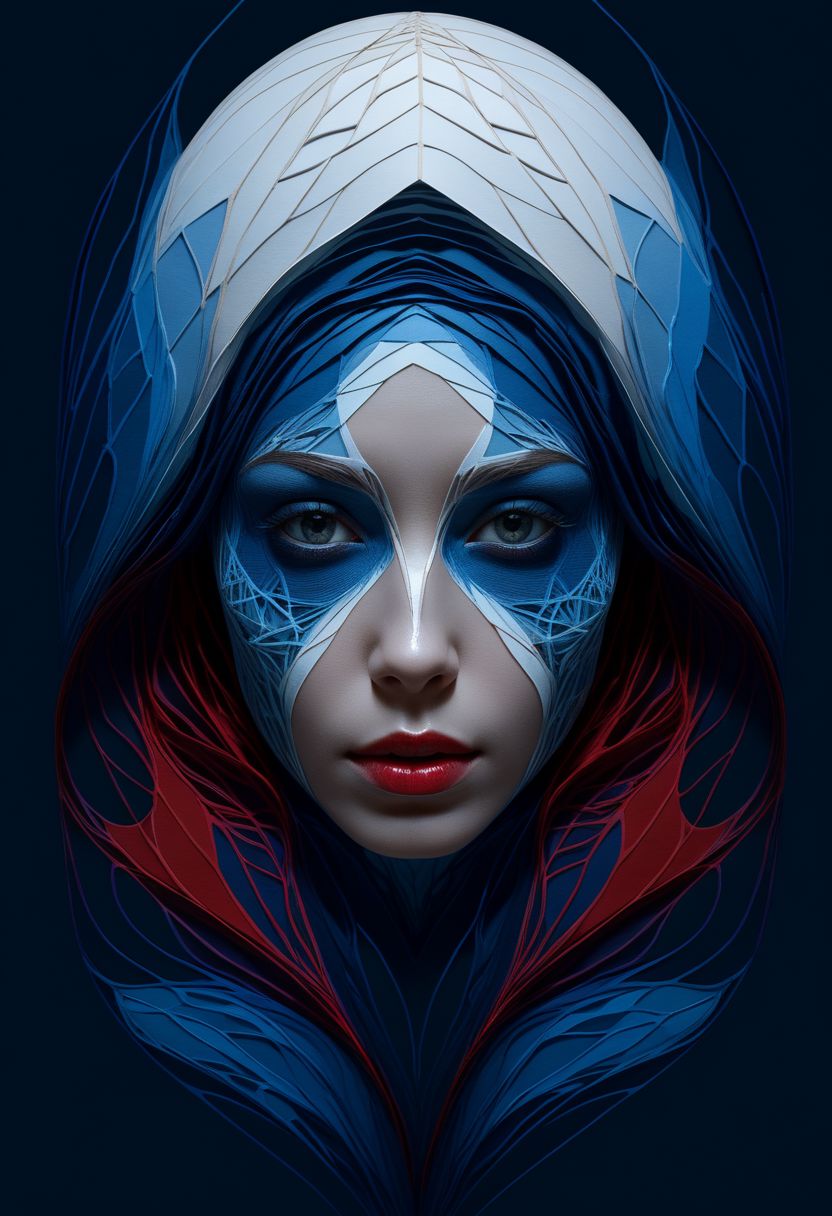 layered papercut, mysterious face, an exotic woman in artsy clothing, fading backlit background, (deep sea fading white to deep blue/red), alluring goddess, by Minjae Lee, Carne Griffiths, Emily Kell, Steve McCurry, Geoffroy Thoorens, Aaron Horkey, Jordan Grimmer, Greg Rutkowski, amazing depth, double exposure, surreal, geometric patterns, intricately detailed, bokeh,  perfect balanced, deep fine borders, artistic photorealism , smooth,  great masterwork by Suiras  <lora:add-detail-xl:2>  <lora:Double_Exposure:0.5>