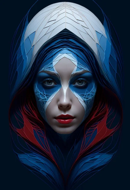layered papercut, mysterious face, an exotic woman in artsy clothing, fading backlit background, (deep sea fading white to deep blue/red), alluring goddess, by Minjae Lee, Carne Griffiths, Emily Kell, Steve McCurry, Geoffroy Thoorens, Aaron Horkey, Jordan Grimmer, Greg Rutkowski, amazing depth, double exposure, surreal, geometric patterns, intricately detailed, bokeh, perfect balanced, deep fine borders, artistic photorealism , smooth, great masterwork by Suiras <lora:add-detail-xl:2> <lora:Double_Exposure:0.5>