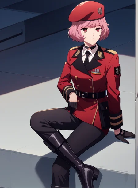<lora:Gentiane_Girls_FrontlinePONY:1> gentiane, pink hair, short hair, bangs, red eyes, military uniform, beret with pin, choker, choker with pendent, griffin & kryuger military uniform, black gloves, black pants, boots, score_9, score_8_up, score_7_up, masterpiece, high quality, 8K